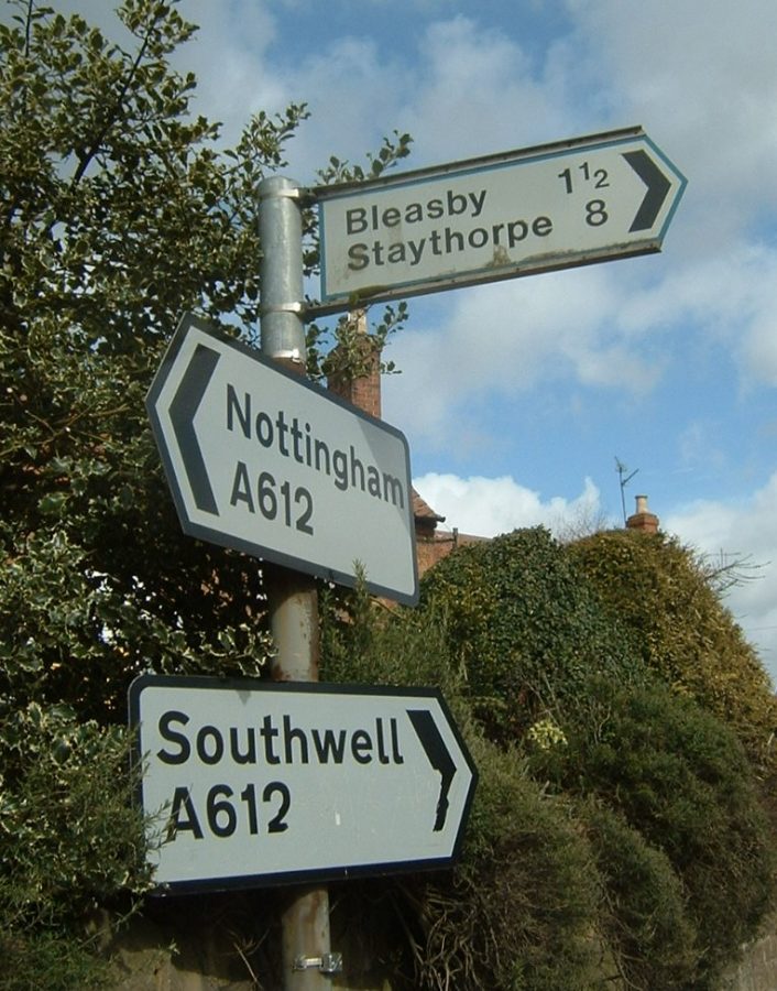 Signpost showing Bleasby, Staythorpe, Nottingham and Southwell