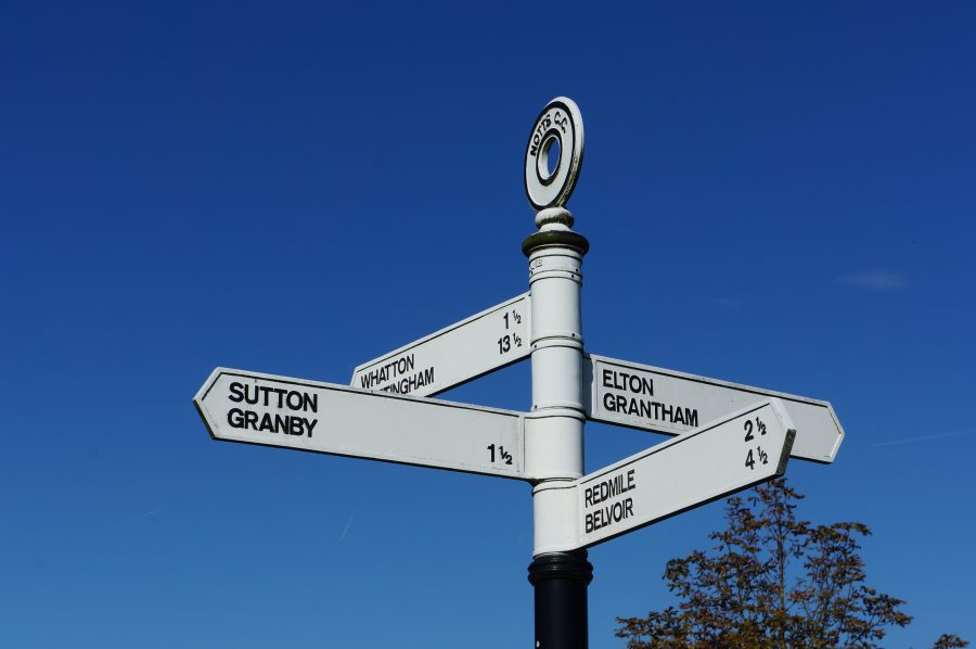 Signpost showing Sutton, Granby, Whatton, Nottingham, Elton, Grantham, Redmile, Belvoir