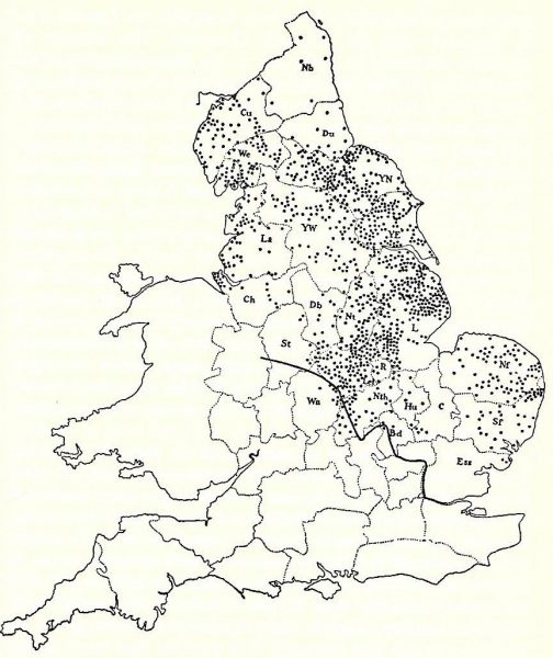 Map showing the distribution of Scandinavian place-names and the line of Watling Street (from A. H. Smith (1956) English Place-Name Elements. Nottingham: English Place-Name Society)